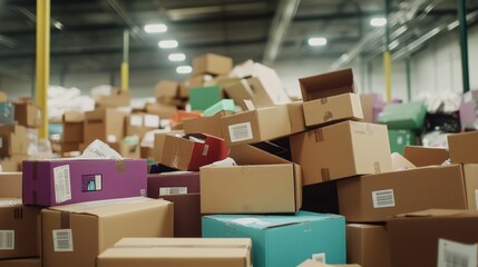 Pile of shipping boxes in distribution warehouse for logistics and delivery