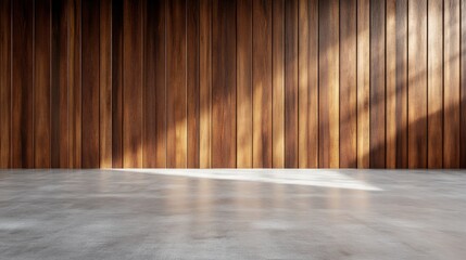 Wood slat wall and concrete floor interior background with sunlight
