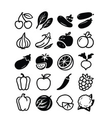 Collection of black and white vector icons of fresh fruits and vegetables on a clean white background organic food concept