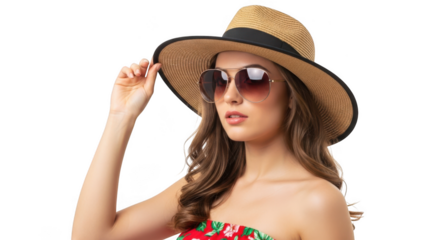 Woman wearing a straw hat and sunglasses isolated on transparent background