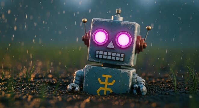 Robot in Rainy Field: A cute and quirky robot stands amidst the falling rain in a serene field, embodying technological charm in a natural setting.