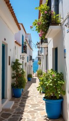Fototapeta premium Charming coastal alleyway adorned with vibrant flowers