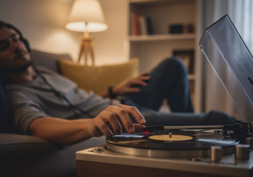Man relaxing on a couch putting a needle on a vinyl record on a turntable in a cozy living room