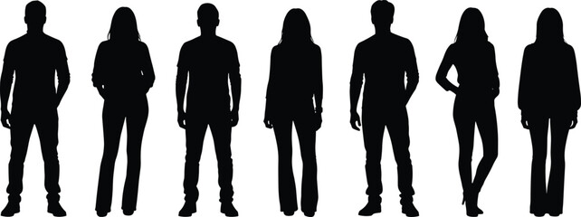 Silhouette of casual people, standing man and woman figures, black outline group, full body vector, crowd illustration for presentation use