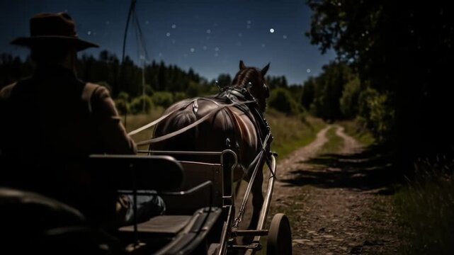 A cinematic night journey through a quiet countryside, featuring a horse-drawn carriage under moonlight&mdash;perfect for period films, western scenes, or storytelling assets.