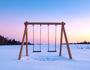 Winter Serenity: A Lonely Swing Set at Sunset