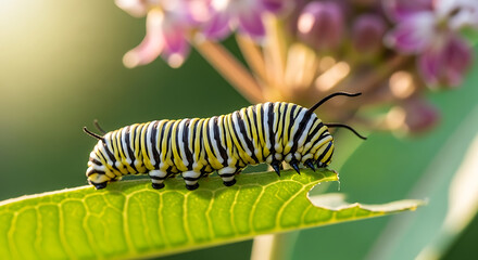 Naklejka premium Macro Monarch Caterpillar Milkweed Plant Natural Habitat Feeding
