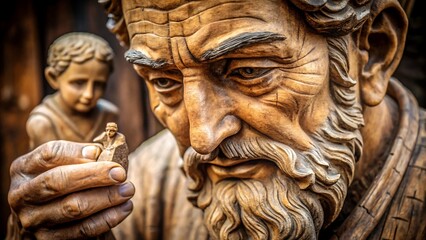 Fototapeta premium Intricate Wooden Sculpture: Aged Craftsman Examining Miniature Figurine, Warm Lighting, Detailed Carving.