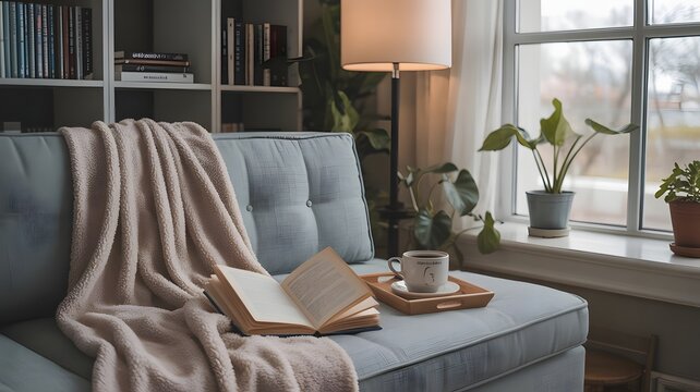 Cozy reading nook with a light blue sofa warm blanket open book and a cup of coffee by the window