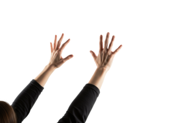 Outstretched hands of young caucasian female. Cut out PNG