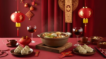 Festive chinese new year celebration with hot pot and dumplings on a red tablecloth