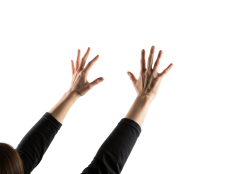 Outstretched hands of young caucasian female. Cut out PNG