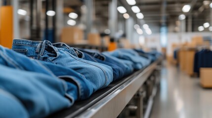 Denim jeans on production line in clothing manufacturing facility