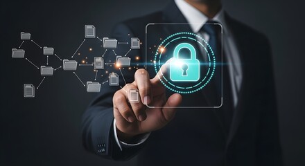 Understanding data security concept businessman touching lock icon on virtual screen