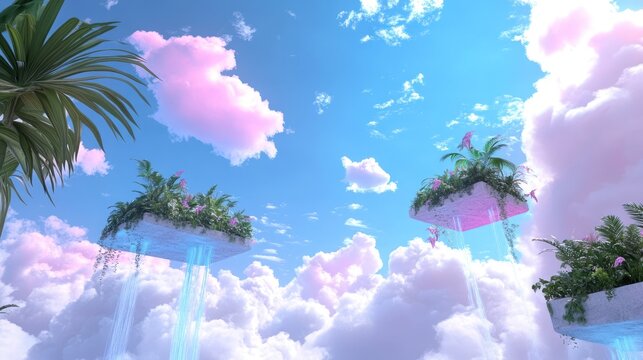 Floating island in the sky dreamscape with greenery and lush clouds