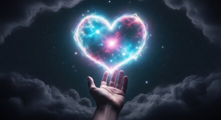 Heart of the Cosmos: A luminous, cosmic heart floats gracefully above an outstretched hand, radiating a sense of wonder, hope, and the interconnectedness of all things.