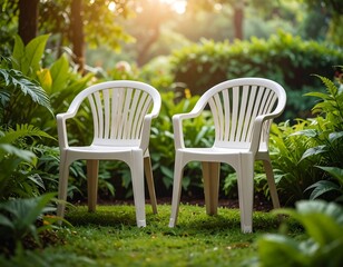 Obraz premium Two white plastic chairs sit on a grassy area surrounded by lush green foliage, bathed in soft sunlight