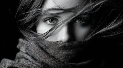 Wind blowing scarf across womans face dramatic autumn fashion portrait high contrast black and white