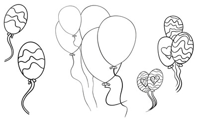 Balloons line art set, 
party decoration outlines,
 monochrome vectors,
Assorted balloon drawings,
 celebration elements,
Line drawing of balloons,
 festive design,
party set, 
elegant outline art