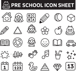 Fototapeta premium Whimsical Preschool Icon Set – Playful Hand-Drawn Vector Sheet for Kids and Education.