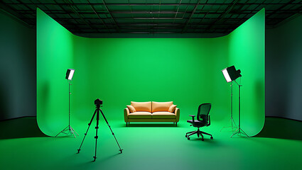 Behind the scenes of a contemporary media production studio with a seamless green screen cyclorama, professional lighting rigs, a camera tripod, and a sofa for an interview.
