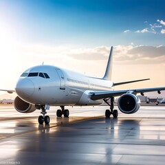 Airplane on tarmac at sunrise
