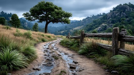 A rainy landscape with puddles forming on a dirt road.