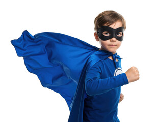 Young caucasian male child in blue superhero costume with black mask and cape. Cut out PNG