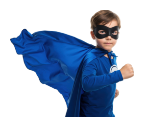 Young caucasian male child in blue superhero costume with black mask and cape. Cut out PNG