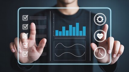 Hands holding virtual screen with car diagnostic and performance analysis