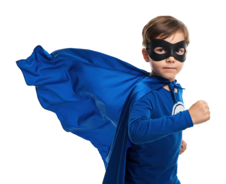 Young caucasian male child in blue superhero costume with black mask and cape. Cut out PNG