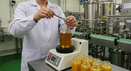 Laboratory technician performing honey preparation using a stirring device