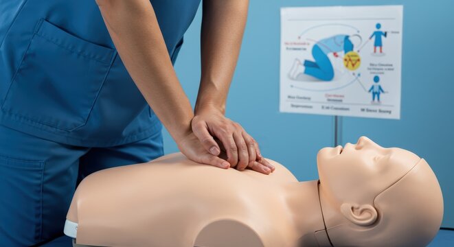 Hands-on training for CPR demonstration on a mannequin in a healthcare setting