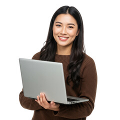 Fototapeta premium Smiling young asian woman holding a silver laptop computer presenting technology and digital connection isolated on transparent background