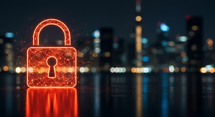 Glowing Neon Padlock in Front of City Skyline at Night