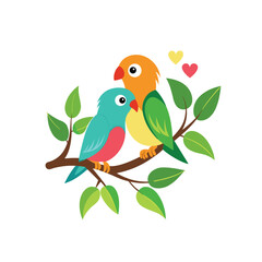 Vector of two birds share a romantic moment, perched on a tree branch beneath a floating red heart, representing love, affection, and partnership.