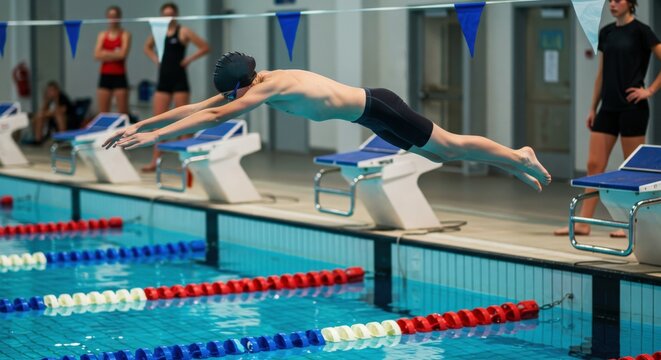 Young swimmer dives off starting block during practice session at indoor pool