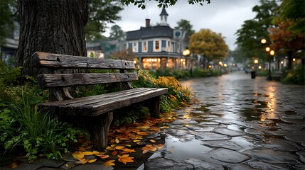 Obraz premium A rainy street scene with puddles reflecting warm lights and empty benches.