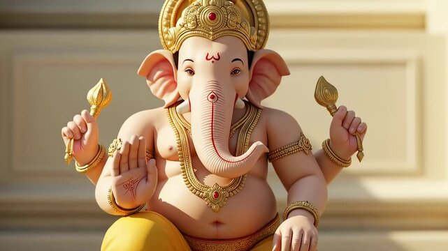 Closeup of lord ganesha adorned with golden jewelry and traditional clothing, symbolizing prosperity, wisdom, and the removal of obstacles in hindu culture