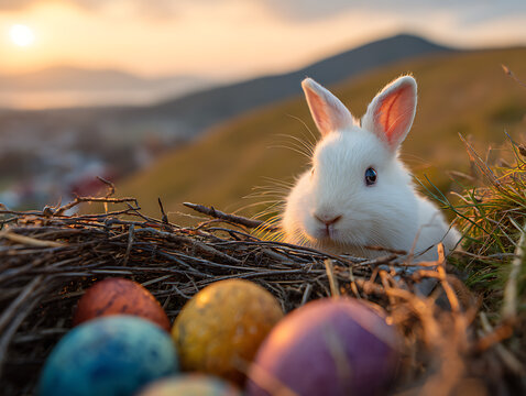 Cute easter bunny peeking from nest with colorful eggs - Powered by Adobe