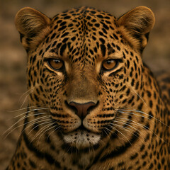 Obraz premium Stunning close-up portrait of a majestic leopard with an intense gaze, showcasing its beautiful spotted fur and amber eyes.