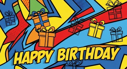 Vibrant comic style birthday celebration graphic with dynamic abstract background