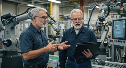Engineers discuss robotic systems in a modern manufacturing facility