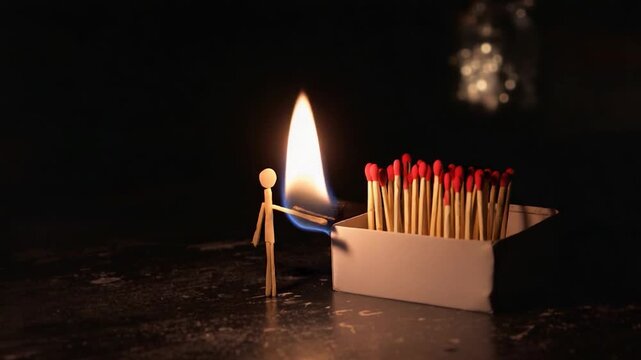 Matchstick Figure Lighting a Match in a Box with a Bright Flame in Dark Setting