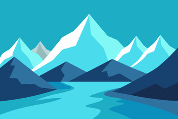 Stylized mountain landscape with winding river and clear sky