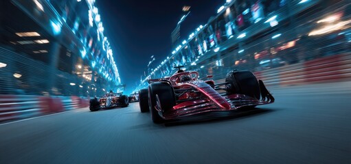 Night race blurred red Formula 1 car leads pack under vibrant city lights; motion-blurred background