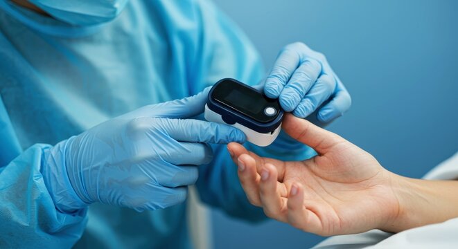 Healthcare worker uses pulse oximeter to measure patient’s oxygen levels - Powered by Adobe