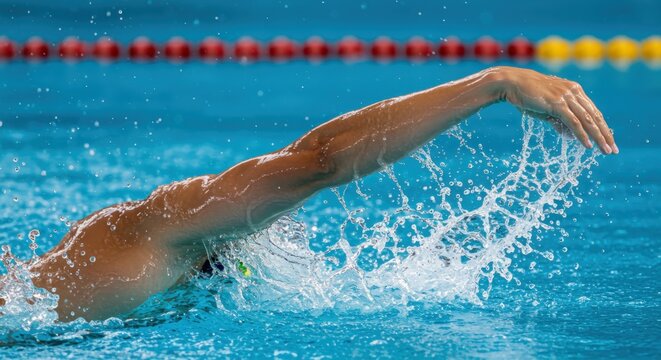Competitive swimmer executing freestyle stroke during a race in a training pool