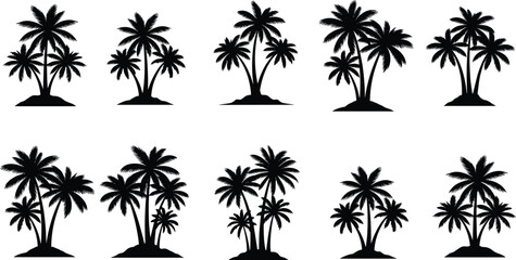 Silhouette of tropical coconut palm trees, island landscape clipart, summer vacation illustration, exotic beach vector set, black design elements