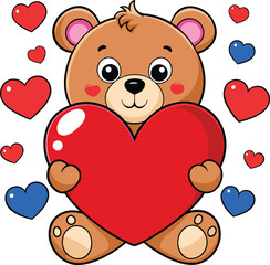 Cartoon Teddy Bear Holding a Heart Surrounded by Small Hearts